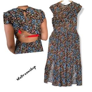 Topshop Open Back Blue Floral Dress Red Belt Ruffled Sleeves Size 6